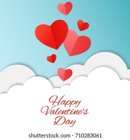 Paper art of red hearts on Cloud background, love greeting card, origami and valentines day concept, vector art and illustration.