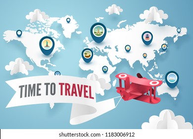 Paper art of red plane above world map and landmark pin, travel and explore concept, vector art and illustration.