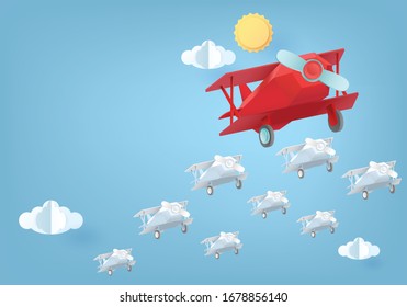 Paper art red plane leaders must lead the team to success.financial concept start up with copy space on blue background.vector illustrator.