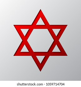 Paper art of red Star of David isolated. Vector illustration. Star of David icon is cut from paper.