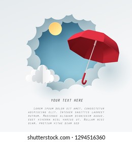 Paper art of red umbrella fly above the cloud on the sky, vector art and illustration.