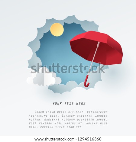 Paper art of red umbrella fly above the cloud on the sky, vector art and illustration.