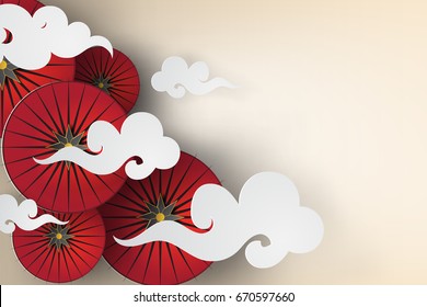 Paper Art Of Red Umbrella With Japan Style,vector