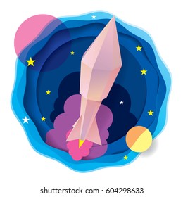 paper art rocket flying out from the earth, startup business and travel concept