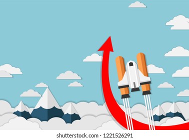 Paper art rocket flying to the sky and ice mountains background , start up business concept and exploration idea, vector art and illustration, Success missile craft style,creative idea concept.