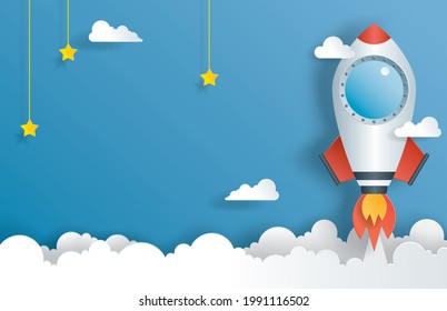 Arte de papel de cohetes volando al espacio. Iniciar ilustración conceptual para banner, volante, venta, negocio.