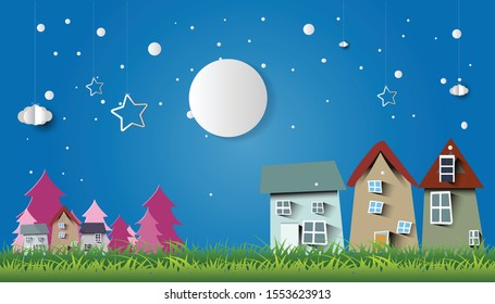 Paper art and a rural village landscape on Christmas day. Vector art and illustration.