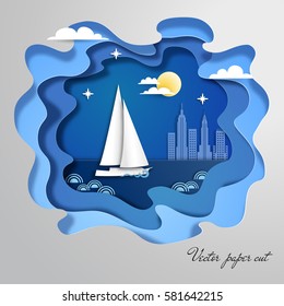 Paper art with sailboat floating on the pond at night. City on backdrop. 