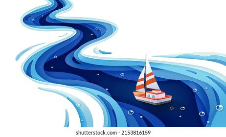 Paper art of sailboat at the sea, Relaxing holiday with a leisurely sailing cruise, Concept of travel, journey and adventure, Vector illustration