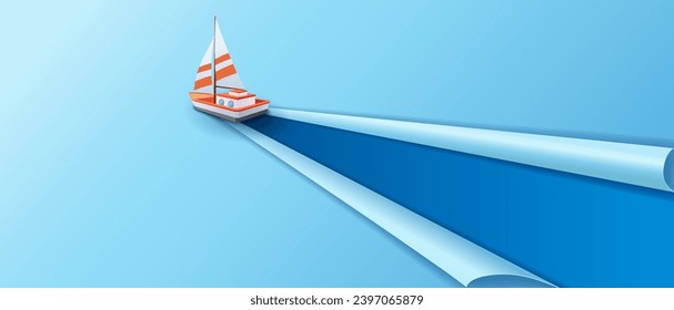 Paper art of sailboat that travels on adventures to the ocean, The corners of the sheets of paper are curled and flipped. which looks like ocean waves, Vector illustration