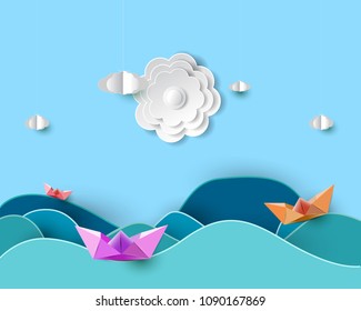 Paper art of sailing in the sea.