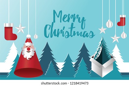 Paper art of Santa and Christmas decoration hanging, origami Xmas concept, vector and illustration design