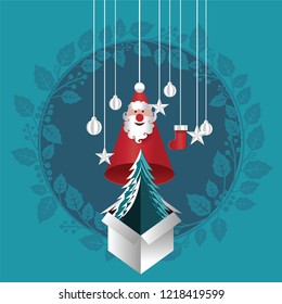 Paper art of Santa and Christmas decoration hanging, origami Xmas concept, vector and illustration design
