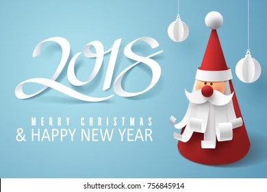 Paper art of Santa claus and 2018 happy new year, vector art and illustration.