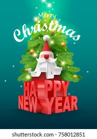 Paper art of Santa claus with Chirstmas tree and 3D Happy new year celebration text, vector art and illustration.