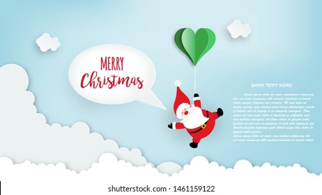 Paper art of Santa Claus floated with heart balloons, merry Christmas and happy new year celebration concept, vector art and illustration.
