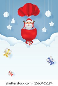 Paper art Santa Claus floating in the sky holding a red bag with gift box.Falling gift box and copy space.