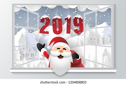 Paper art of Santa Claus greeting at the window with background of snow mountain, Village countryside and word 2019 behind, Merry Christmas and Happy New Year