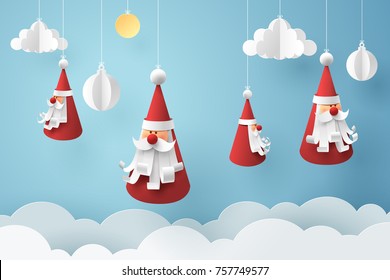 Paper art of Santa claus hang with rope on sky, happy new year celebration concept, vector art and illustration.