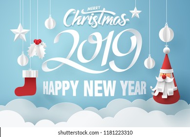 Paper art of Santa Claus hanging in the sky with merry Christmas and happy new year 2019 wording, vector art an d illustration.