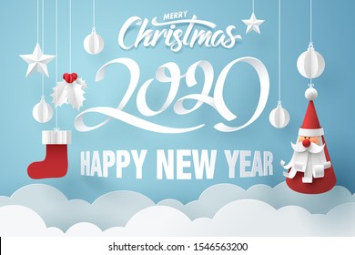 Paper art of Santa claus hanging in the sky with merry Christmas and happy new year 2020 wording, vector art an d illustration.