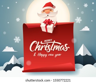 Paper art of Santa Claus offer gift box and red paper banner, Merry Christmas and happy new year, vector art and illustration.