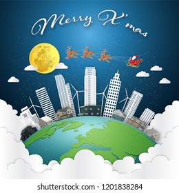 Paper art of Santa Claus on Sleigh and reindeers on the snow earth or world in the winter background as holiday and x'mas day concept. vector illustration.