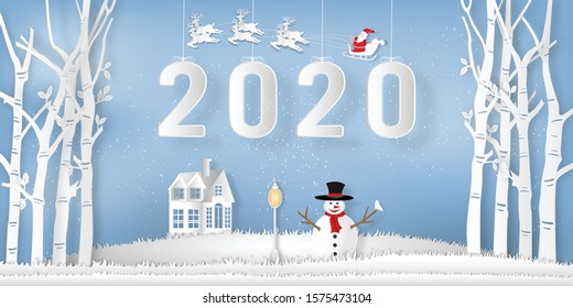 Paper art  of Santa Claus on Sleigh, Reindeer and snowman in the winter season with trees , forest and snow on the blue sky as Happy New Year 2020 and digital craft style concept. vector illustration