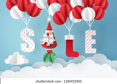 Paper art of Santa Claus and red sock mobile hanging with balloon on sky, new year and Christmas celebrate of sale, vector art and illustration.