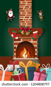Paper art of Santa Claus's gifts with decorated fireplace in home, Merry Christmas and Happy New Year