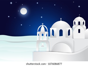 Paper art of Santorini in Aegean sea on night sky background. Paper cut, Paper crart illustration