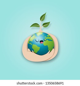Paper art of save the world concept with seedling and earth background.Ecology and environment conservation design.Vector illustration.