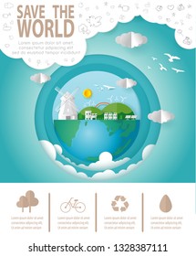 Paper art of Save the world infographics, save planet, Earth Day,recycling,  Eco friendly, ecology concept, isolated on white background vector illustration