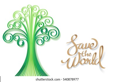 Paper art of Save the world and a tree, world sustainable environment friendly concept with quilling style, vector art and illustration.