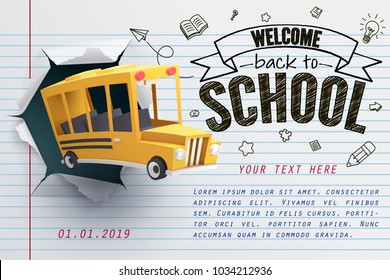 Paper art of school bus jumping out from notepad, back to school concept, vector art and illustration.