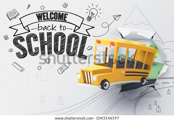 Paper art of school\
bus jumping out from sketched paper, back to school concept, vector\
art and illustration.