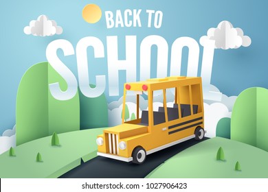 Paper art of school bus running on country road, back to school concept, vector art and illustration.