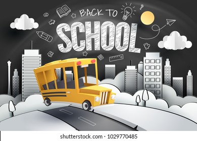 Paper art of school bus running out from city to school with blackboard, back to school concept, vector art and illustration.