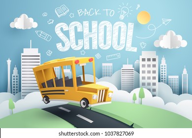 Paper art of school bus running out from city to school, back to school concept, vector art and illustration.