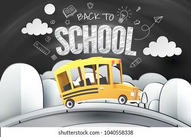 Paper art of school bus running on country road with blackboard, back to school concept, vector art and illustration.