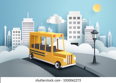 Paper art of school bus running out from the town, back to school concept, vector art and illustration.