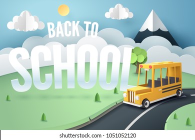 Paper art of school bus running on country road, back to school concept, vector art and illustration.