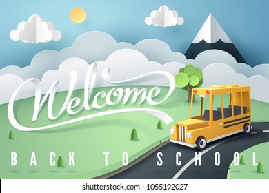 Paper art of school bus running on country road, back to school concept, vector art and illustration.