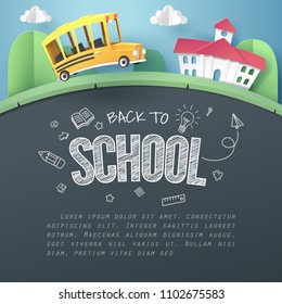 Paper art of school bus running on country road, back to school concept, vector art and illustration.