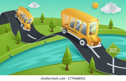 Arte de papel en el autobús escolar corriendo por la carretera del país, de vuelta al concepto escolar