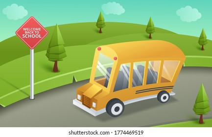 Paper art of school bus running on country road, back to school concept