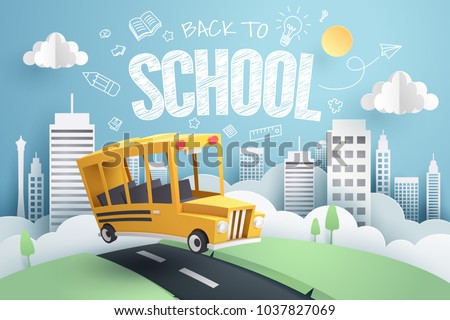 Paper art of school bus running out from city to school, back to school concept, vector art and illustration.