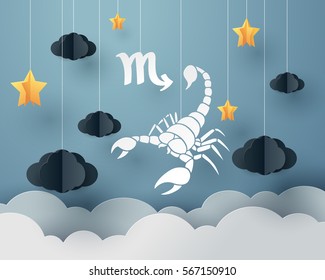 Paper art of scorpion to Scorpio of zodiac and horoscope concept, vector art and illustration.