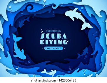 Paper art of scuba diving, snorkeling and marine life concept. Origami of cut out layers cardboard of underwater world and ocean wildlife: reef, sea waves and fishes. Creative vector poster