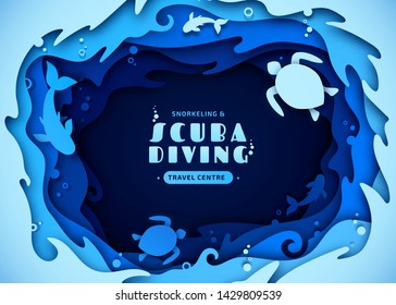 Paper art of scuba diving, snorkeling and marine life concept. Origami of cut out layers cardboard of underwater world and ocean wildlife: reef, sea waves and fishes. Creative vector poster